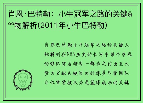 肖恩·巴特勒：小牛冠军之路的关键人物解析(2011年小牛巴特勒)