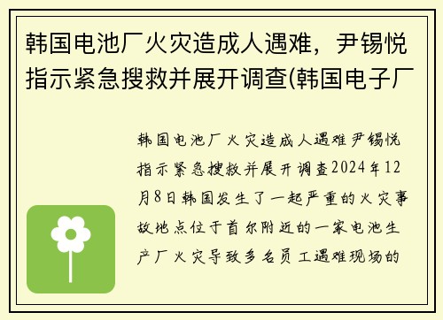 韩国电池厂火灾造成人遇难，尹锡悦指示紧急搜救并展开调查(韩国电子厂火灾)