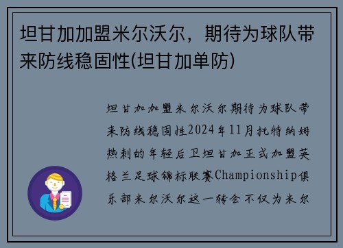 坦甘加加盟米尔沃尔，期待为球队带来防线稳固性(坦甘加单防)