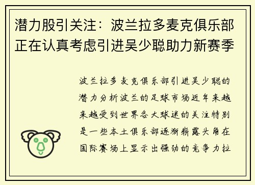 潜力股引关注：波兰拉多麦克俱乐部正在认真考虑引进吴少聪助力新赛季