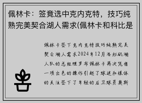 佩林卡：签竟选中克内克特，技巧纯熟完美契合湖人需求(佩林卡和科比是什么关系)